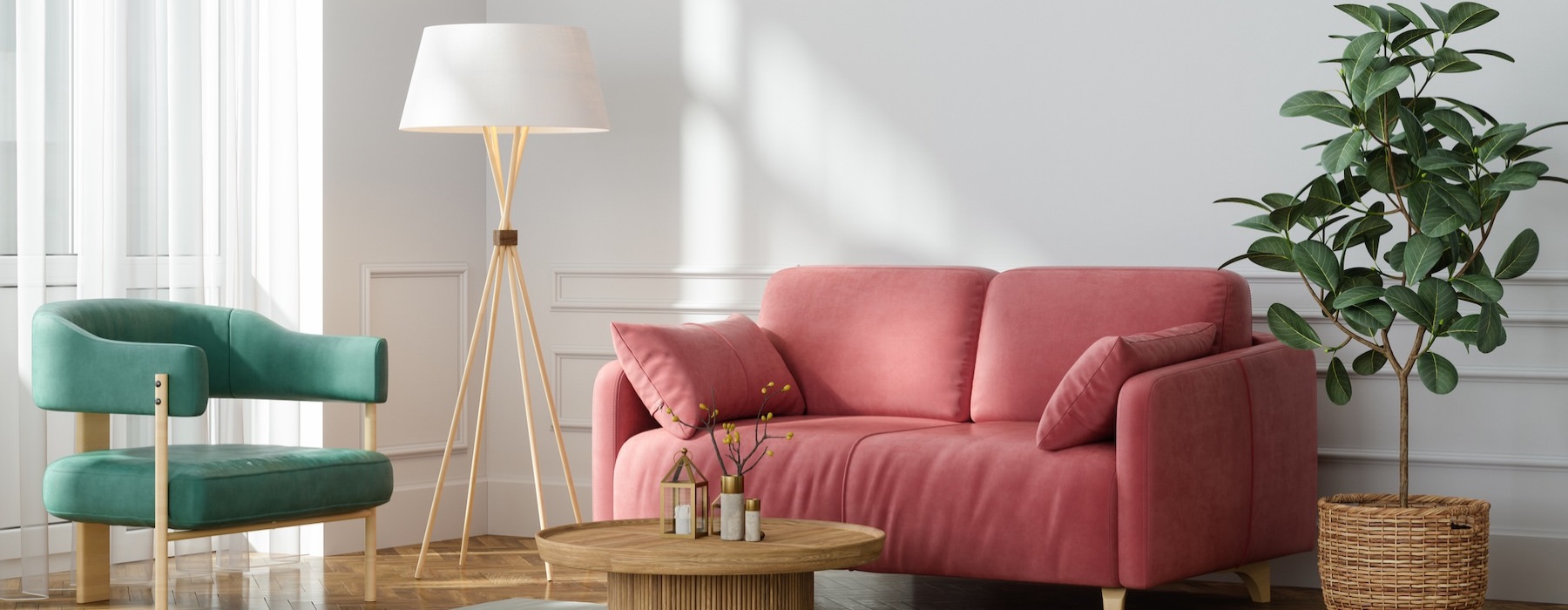 living room with a couch, chair, window, plant and window