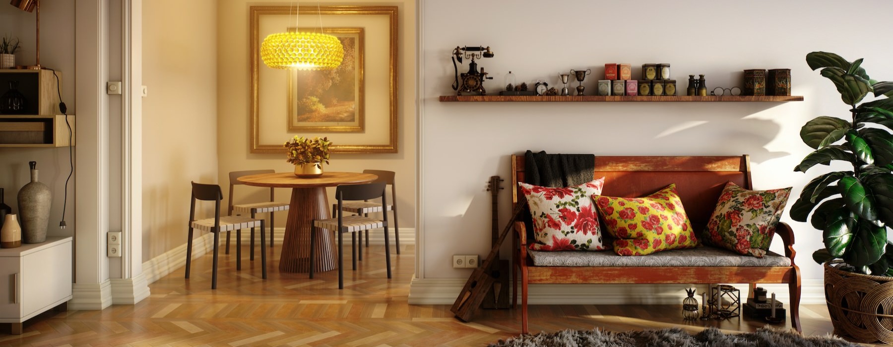 living area with a plant, bench, and dining table with chairs